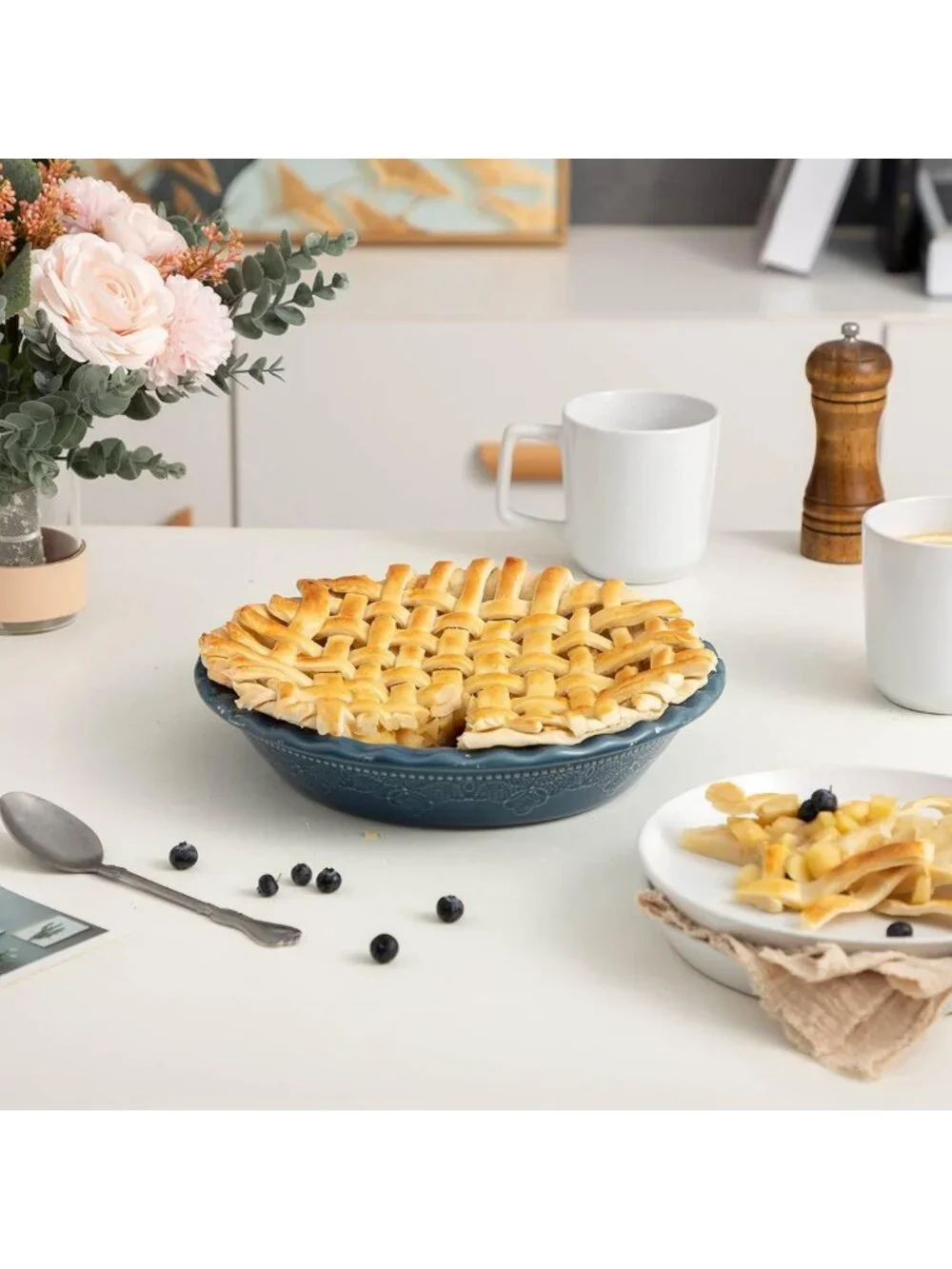 Set of 2 Deep Dish Ceramic Pie Pans, 9 Inch Lace Embossed Ruffled Baking Dishes